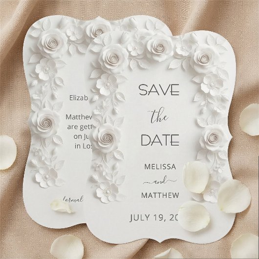 3D White Roses Save The Date Card セーブザデート