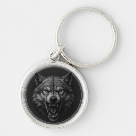 3D Wolf Head Silver Medallion Style Keychain  キーホルダー (正面)