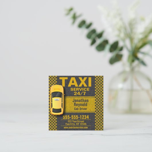 3D Yellow Taxi 24/7 Service Cab Driver スクエア名刺 (スタンド正面)
