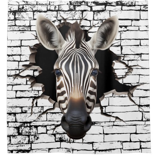 3D Zebra Wall Break Art – Realistic Safari シャワーカーテン (正面)