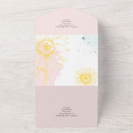 3in1ひまわりモダンほこりまみれのピンク青の結婚式RSVP オールインワン招待状 (外側)