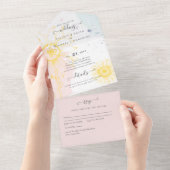 3in1ひまわりモダンほこりまみれのピンク青の結婚式RSVP オールインワン招待状 (貼ってはがせる)