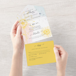 3in1ひまわりモダン赤面ピンクブルーウェディングRSVP オールインワン招待状
