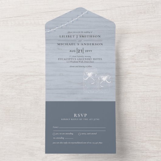 3in1ほこりっぽいブルーメイソンジャースライトウェディングRSVPすべて オールインワン招待状 (内側)