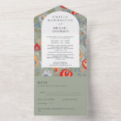 3in1オリーブグリーンフォークアートフローラバイリンガル結婚ズ オールインワン招待状 (内側)