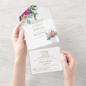 3in1カトリック結婚式はフローラ金ゴールドRSVPを招く オールインワン招待状 (貼ってはがせる)
