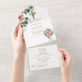 3in1カトリック結婚式はフローラ金ゴールドRSVPを招く オールインワン招待状 (貼ってはがせる)