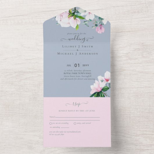 3in1ピンクマグノリアズダスティブルーユーカリ結婚ス オールインワン招待状 (内側)