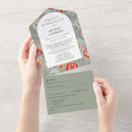 3in1 オリーブグリーン フォークアート フラワー フォト フラワー オールインワン招待状