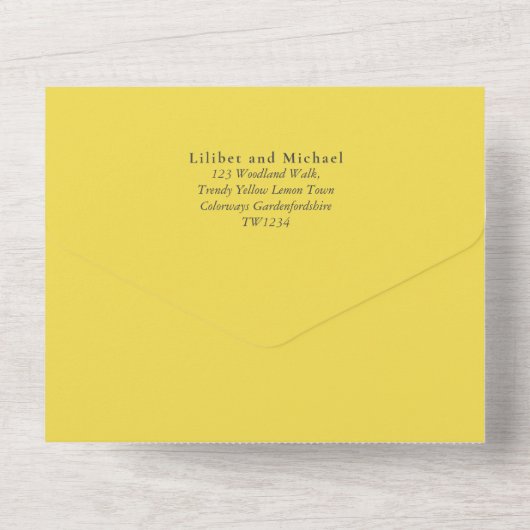 3in1 サニーイエロー テキストのみの結婚式招待状 RSVP オールインワン招待状 (裏面)