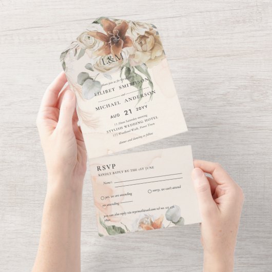3in1 Boho Pampas Grass Wedding Invite and RSVP オールインワン招待状 (貼ってはがせる)