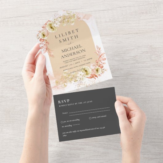 3in1 Boho Pampas Grass Wedding RSVP オールインワン招待状 (貼ってはがせる)