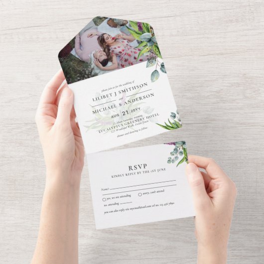 3in1 Eucalyptus Greenery PHOTOの予算結婚RSVP オールインワン招待状 (貼ってはがせる)