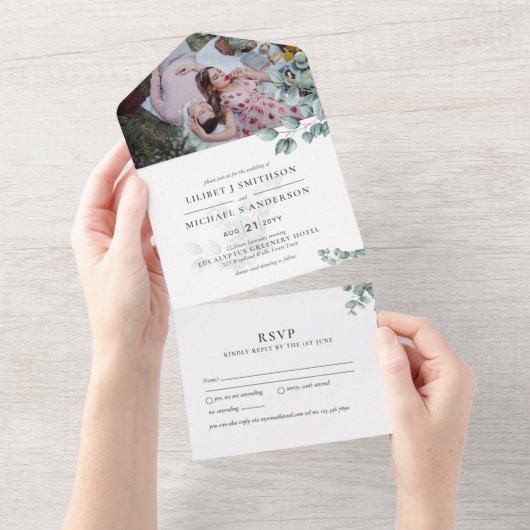 3in1 Eucalyptus Greenery PHOTO Wedding INVITE RSVP オールインワン招待状 (貼ってはがせる)