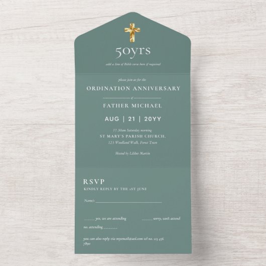 3in1 Ordination Anniversary招待状とRSVP司祭 オールインワン招待状 (内側)