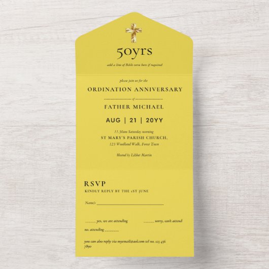 3in1 Ordination Anniversary招待状とRSVP司祭 オールインワン招待状 (内側)