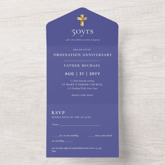 3in1 Ordination Anniversary招待状とRSVP司祭 オールインワン招待状 (内側)