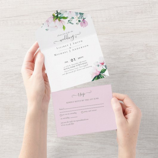 3in1 Pink Magnolias Sage Eucalyptus Wedding RSVP オールインワン招待状 (貼ってはがせる)