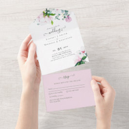 3in1 Pink Magnolias Sage Eucalyptus Wedding RSVP オールインワン招待状