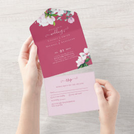 3in1 Pink Magnolias Sage Eucalyptus Wedding RSVP A オールインワン招待状