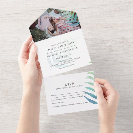 3in1 Tropical Palm Leaf PHOTOの予算結婚RSVP オールインワン招待状 (貼ってはがせる)