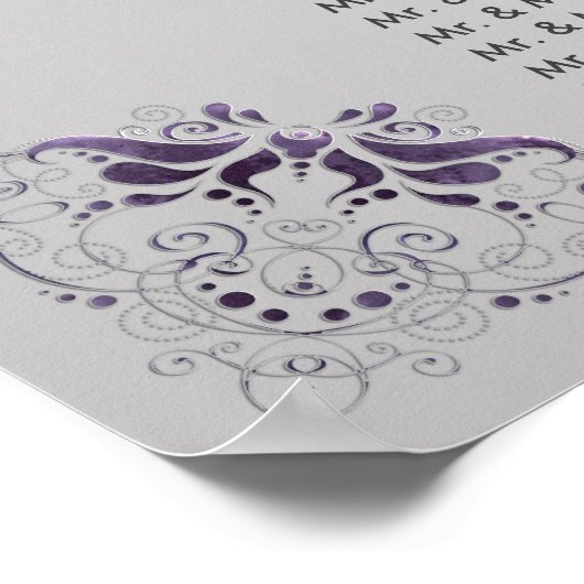 #3Ornate紫の銀のフローラ渦巻き旋回の座席表 ポスター (角)