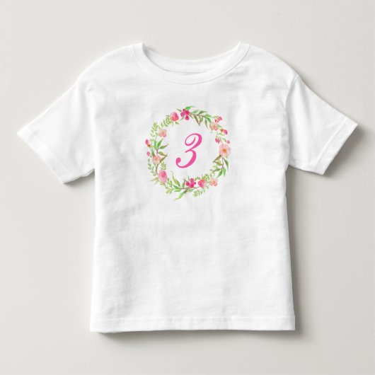3rdバースデーガールウォーターカラーフローラリース トドラーTシャツ (正面)
