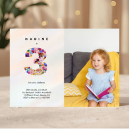 3rdバースデーパステルピンク花模様フォト招待状 招待状