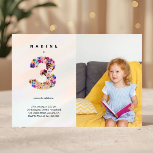 3rdバースデーパステルピンク花模様フォト招待状 招待状