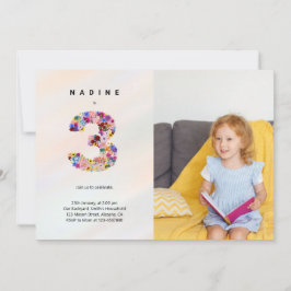 3rdバースデーパステルピンク花模様フォト招待状 招待状