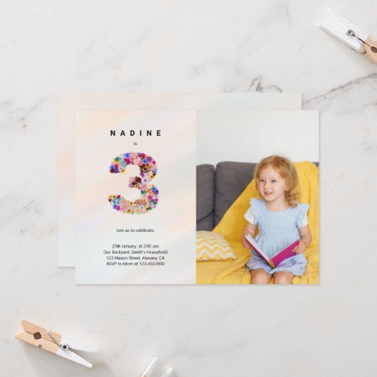 3rdバースデーパステルピンク花模様フォト招待状 招待状 (正面/裏面インサイチュ)