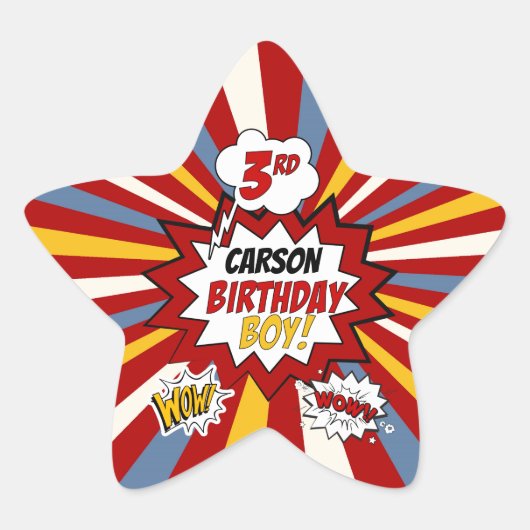 3rdバースデーボーイスーパーヒーロー漫画と名前 星シール (正面)