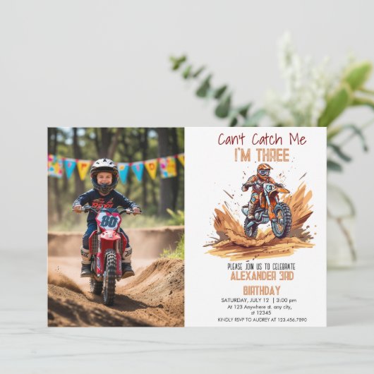 3rd誕生日ダートバイクボーイ編集可能フォト誕生日 招待状 (スタンド正面)