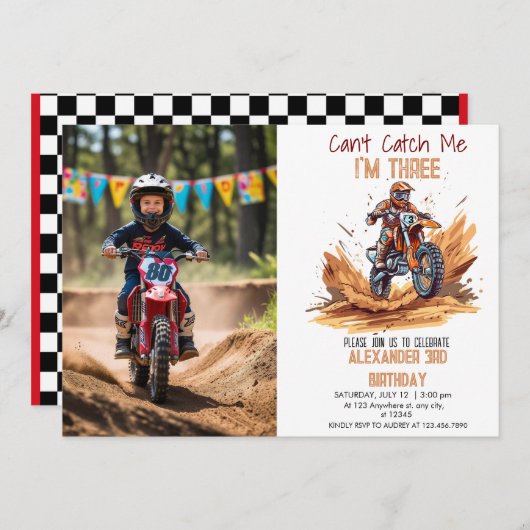 3rd誕生日ダートバイクボーイ編集可能フォト誕生日 招待状 (正面/裏面)