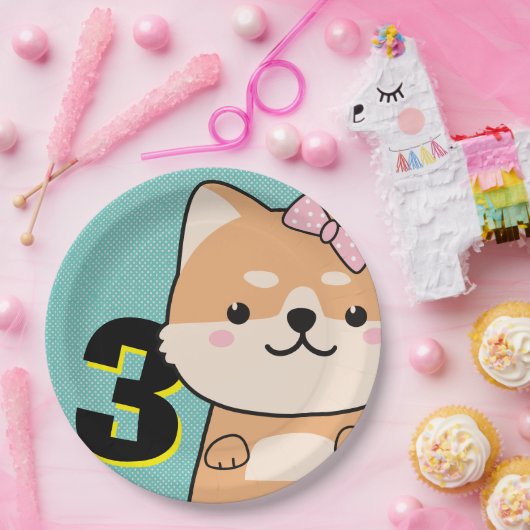 3rd誕生日パーティーかわいい柴犬パピーエンジェル ペーパープレート (パーティー)