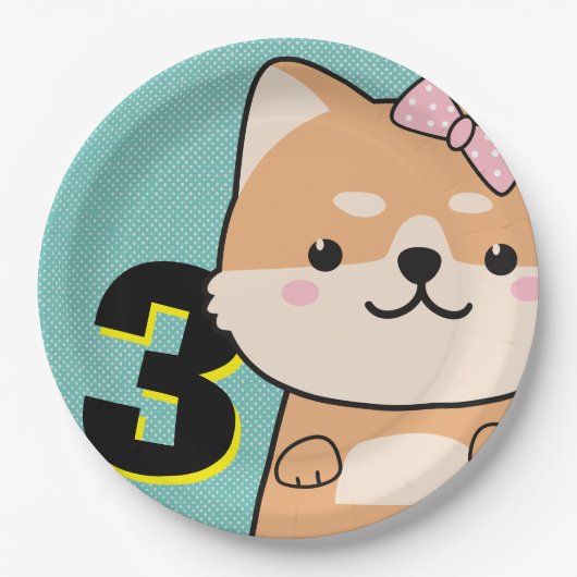3rd誕生日パーティーかわいい柴犬パピーエンジェル ペーパープレート (正面)