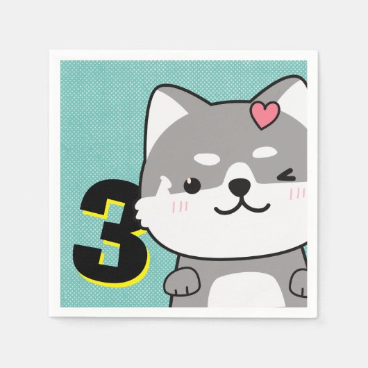 3rd誕生日パーティーかわいい柴犬パピーキキ スタンダードカクテルナプキン (正面)