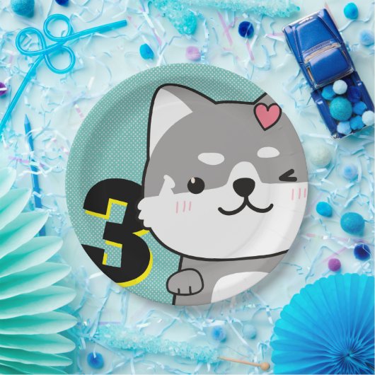 3rd誕生日パーティーかわいい柴犬パピーキキ ペーパープレート (パーティー)