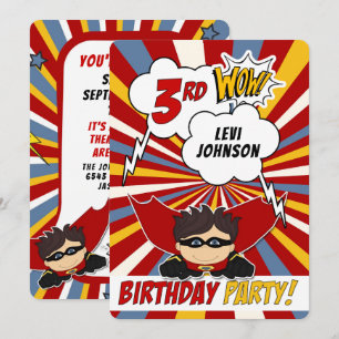 3rd誕生日パーティースーパーヒーローレッド漫画for Boys 招待状