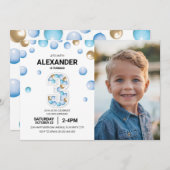 3rd誕生日ボーイパーティーフォトブルー金ゴールドバルーン 招待状 (正面/裏面)