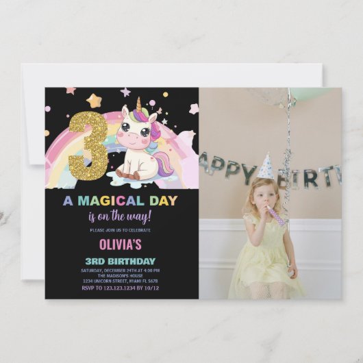 3rd誕生日ユニコーン誕生日招待状写真 招待状 (正面)