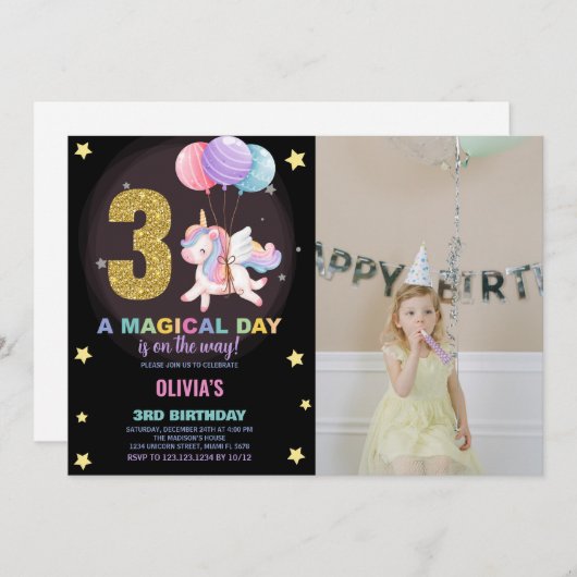 3rd誕生日ユニコーン誕生日招待状写真 招待状 (正面/裏面)