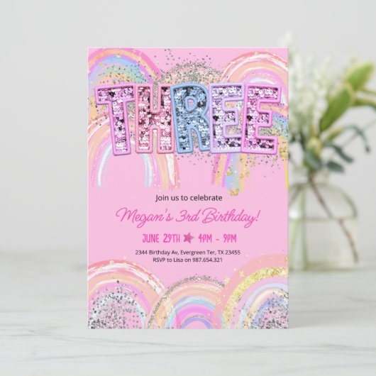 3rd誕生日招待状ガール編集可能レインボーセク 招待状 (スタンド正面)