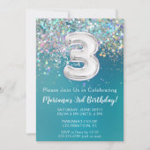 3rd誕生日招待状ティール(緑がかった色)シルバーグリッター 招待状 (正面)