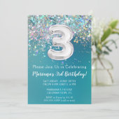 3rd誕生日招待状ティール(緑がかった色)シルバーグリッター 招待状 (スタンド正面)