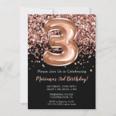 3rd誕生日招待状ブラックバラ金ゴールドグリッター 招待状 (正面)