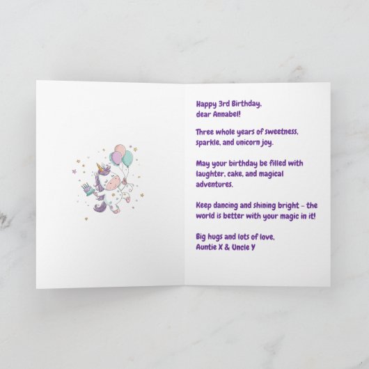 3rd, 4th, 5th, 6th Birthday Niece, Cute Unicorn  カード (内部)