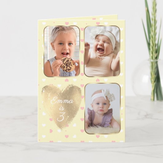 3rd Birthday 3 Picture Collage Yellow Pink White カード (正面)