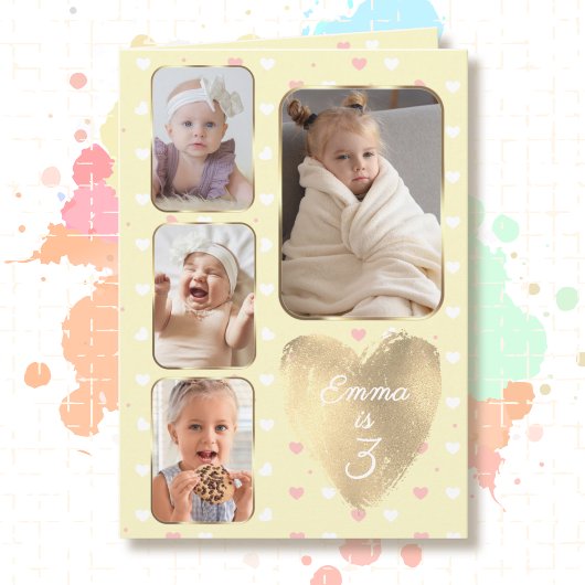 3rd Birthday 4 Picture Yellow Gold Pink Hearts カード