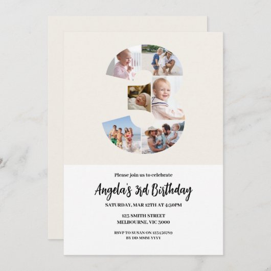 3rd Birthday Invitation Minimalist - Number 3 招待状 (正面/裏面)